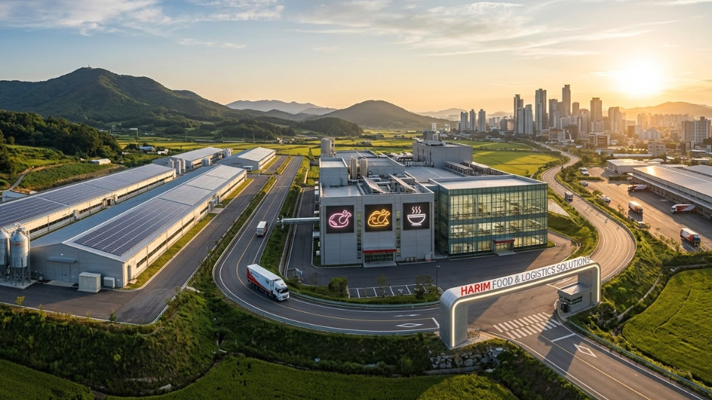 현대적인 식품 가공 공장과 물류 센터가 농장, 도시 전경과 조화를 이루며 연결된 하림의 통합 생산 시스템 전경. 닭고기와 간편식을 상징하는 아이콘이 건물 외벽에 표시되어 있으며, 신선 식품 운송 트럭이 도로를 달리는 모습