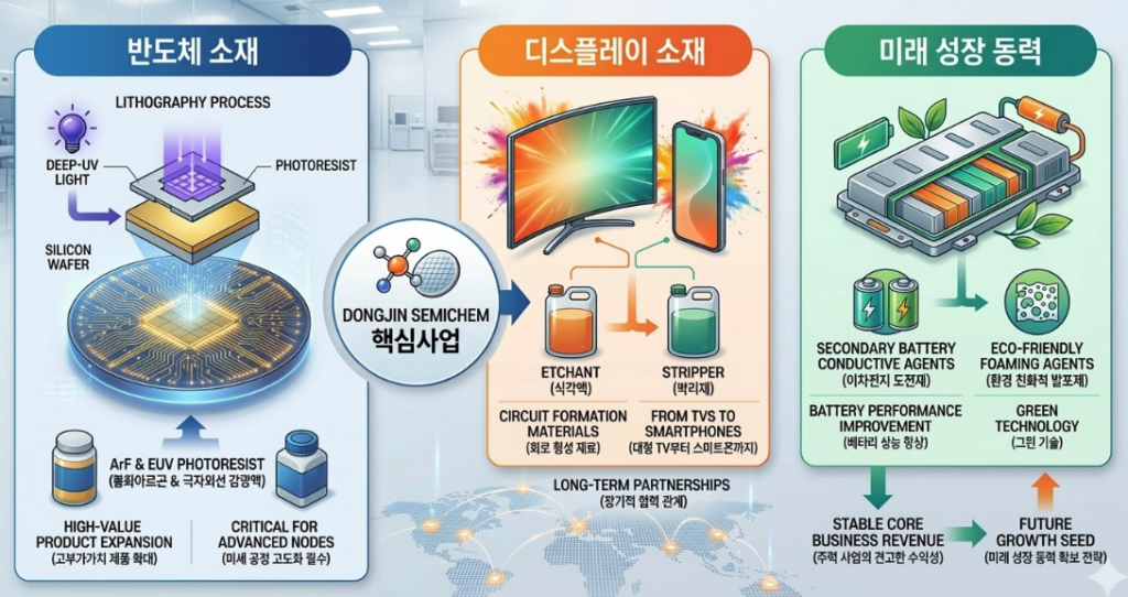 동진쎄미켐 본사 전경과 글로벌 생산 네트워크 및 반도체 소재 국산화 상징 이미지