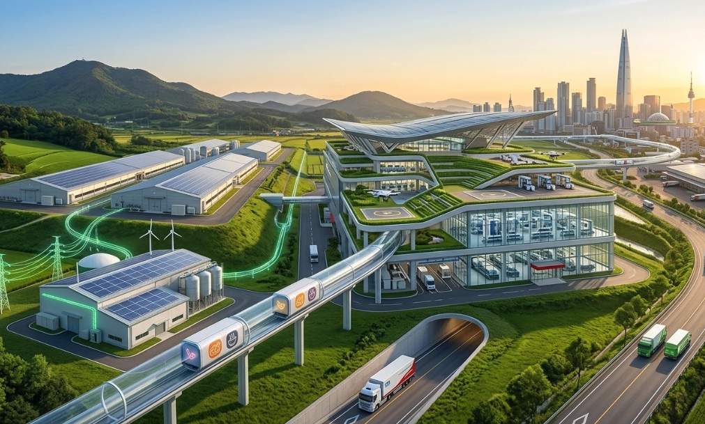 도심 스카이라인과 연결된 하림의 미래형 첨단 물류 단지 전경. 옥상 녹화와 태양광 패널이 설치된 친환경 스마트 빌딩, 바이오 가스 에너지를 상징하는 전력망, 그리고 도심으로 신선 식품을 빠르게 운송하는 투명 하이퍼루프와 자율주행 물류 시스템을 시각화