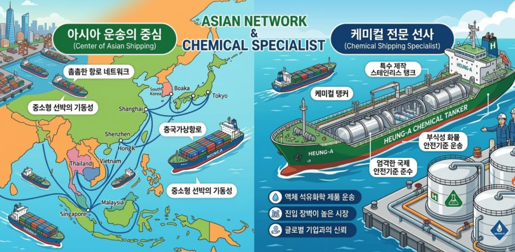흥아해운의 아시아 항로 네트워크와 특수 케미컬 선박 운송 서비스를 설명하는 인포그래픽.