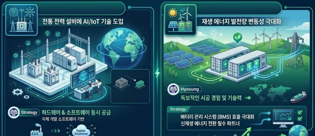 AI 기반 디지털 변전소(왼쪽)와 신재생 에너지 전력을 저장하는 대규모 ESS(오른쪽)의 시각 자료를 배치해 디지털 전환과 친환경 에너지 기술의 융합을 명확하게 보여줌