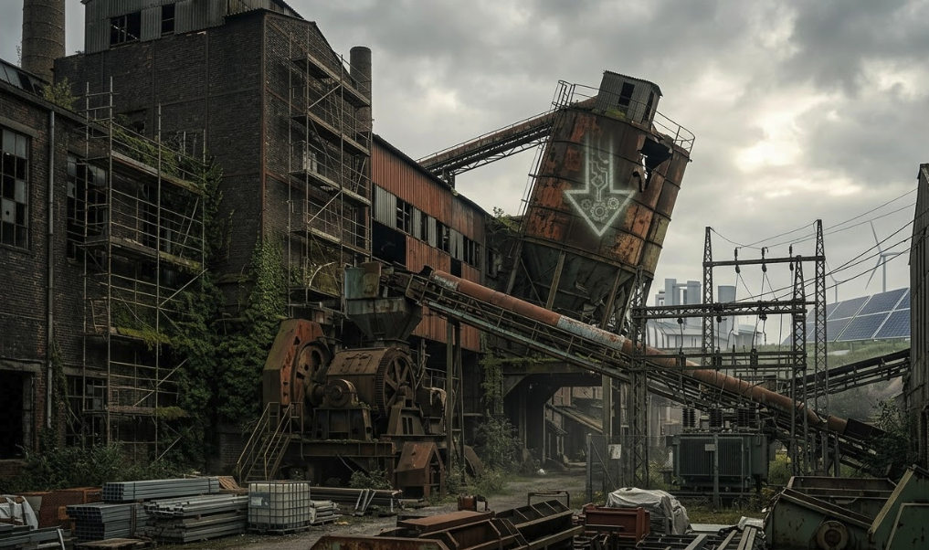 에너지 위기와 투자 위축으로 인해 가동이 중단되고 녹슨 노후 공장 단지의 전경