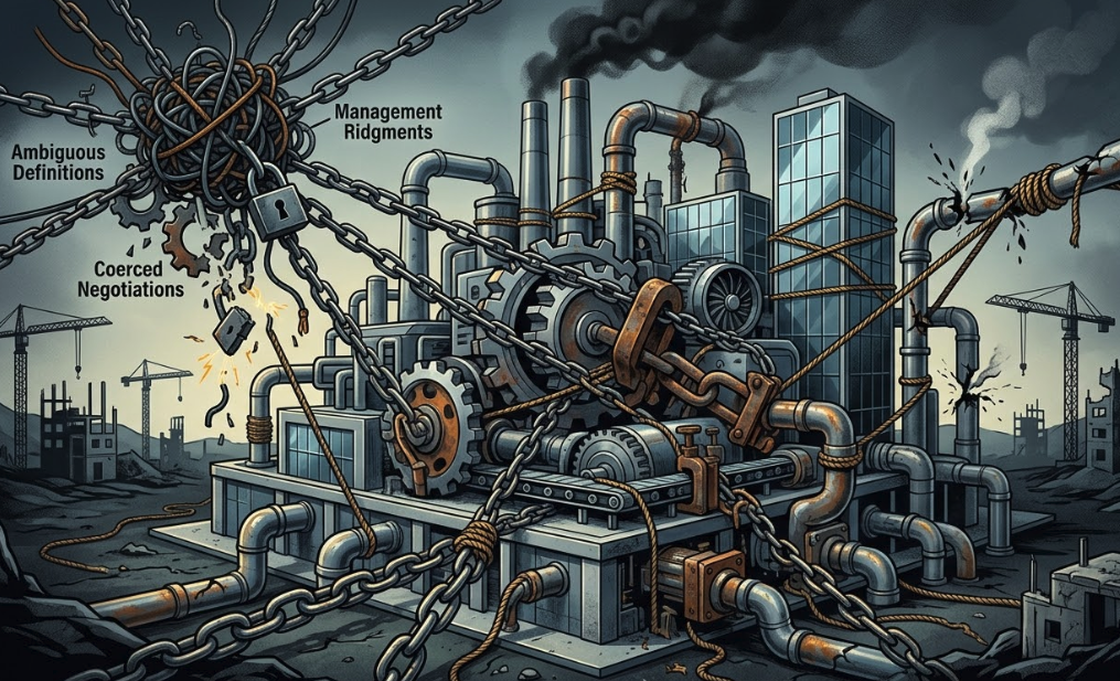 사슬에 묶여 멈춰버린 거대한 공장 기계