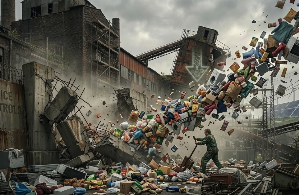 노후된 산업 단지를 배경으로 'PRICE CONTROLS'라 적힌 거대한 콘크리트 장벽이 폭발하며 무너지는 장면