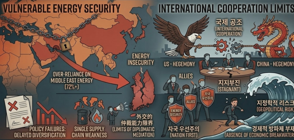 중동 에너지 의존도가 높은 한국의 취약한 안보 구조와 미중 패권 다툼 속에서 국제 공조의 한계 및 자국 우선주의에 밀려 경제적 방파제 없이 고립된 상황을 묘사한 인포그래픽.