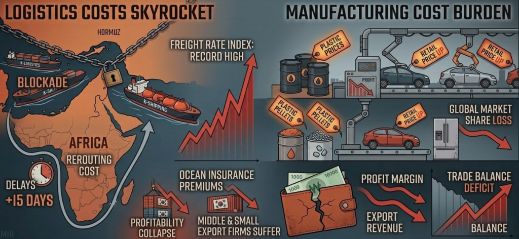 호르무즈 해협 봉쇄로 인한 아프리카 우회 항로 선택과 물류비 폭등, 그리고 원자재 가격 상승으로 인해 한국의 자동차 및 가전제품 수출 경쟁력이 약화되는 과정을 나타낸 인포그래픽.