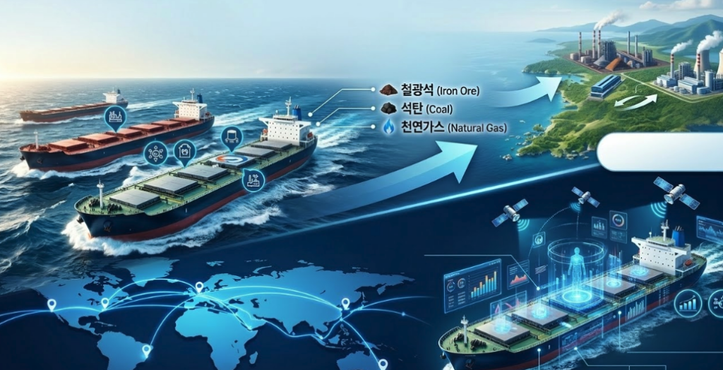 전 세계를 항해하는 벌크선과 글로벌 네트워크 지도, 그리고 디지털 기술이 적용된 스마트 선박의 모습을 통해 대한해운의 비즈니스 비전을 시각화한 인포그래픽 이미지