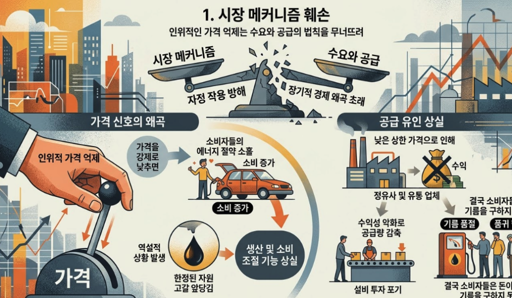 가격 억제 레버 조작으로 인한 수요-공급 저울의 파손, 소비자 과소비, 기업의 공급 중단 및 기름 품절 사태를 도식화한 이미지