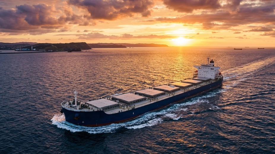 일몰이 비치는 광활한 바다 위를 항해하는 대형 벌크선의 모습