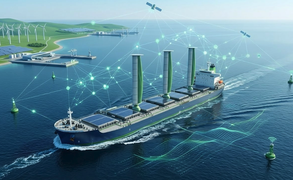 수소 추진 기술과 디지털 물류 mesh 네트워크 기술이 적용된 미래형 팬오션 선박의 항해 모습