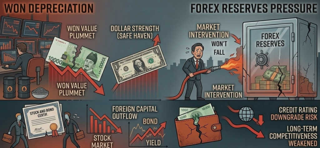 달러 강세로 인해 원화 가치가 급락하고 외국인 자금이 유출되는 상황에서, 환율 방어를 위해 외환보유고가 소모되며 국가 신용등급 강등 위기에 처한 한국 금융 시장의 인포그래픽.